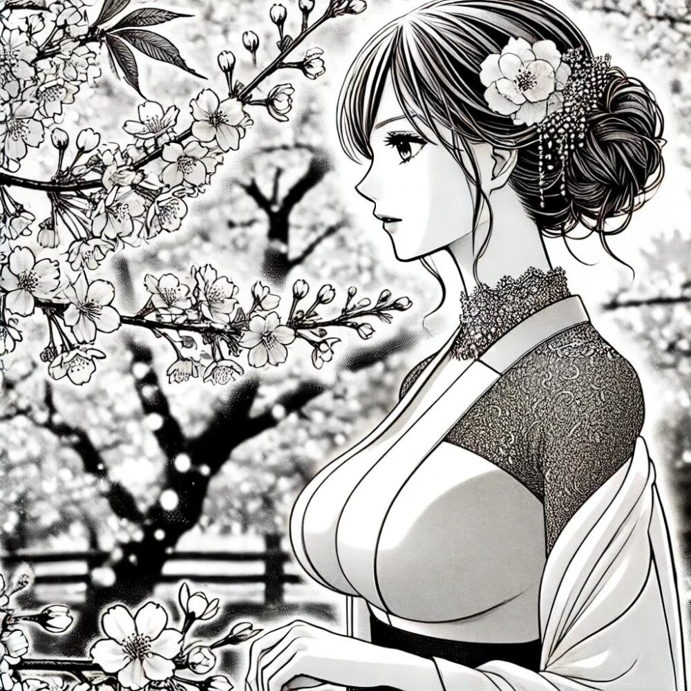桜の狂い咲きの下の妖艶な女性